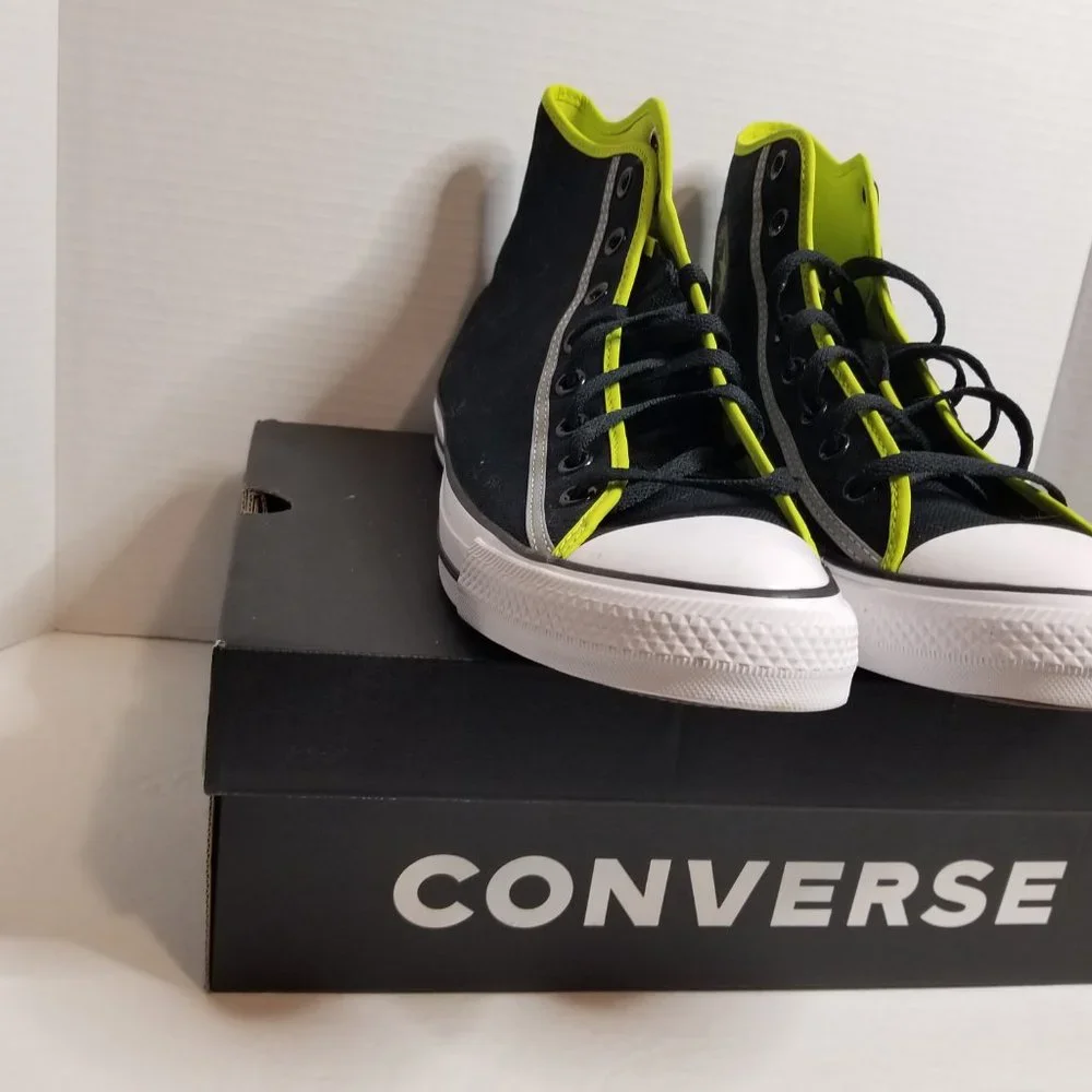 Converse Men’s High Top Sneakers Black with Lime Trim - Picture 6 of 16